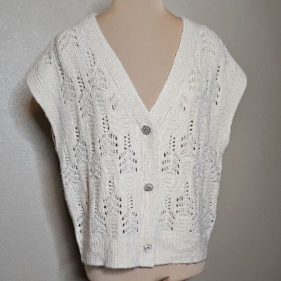 Esqualo M/L Ivory Pointelle Knit Sweater Vest with Rhinestone buttons - Picture 1 of 9